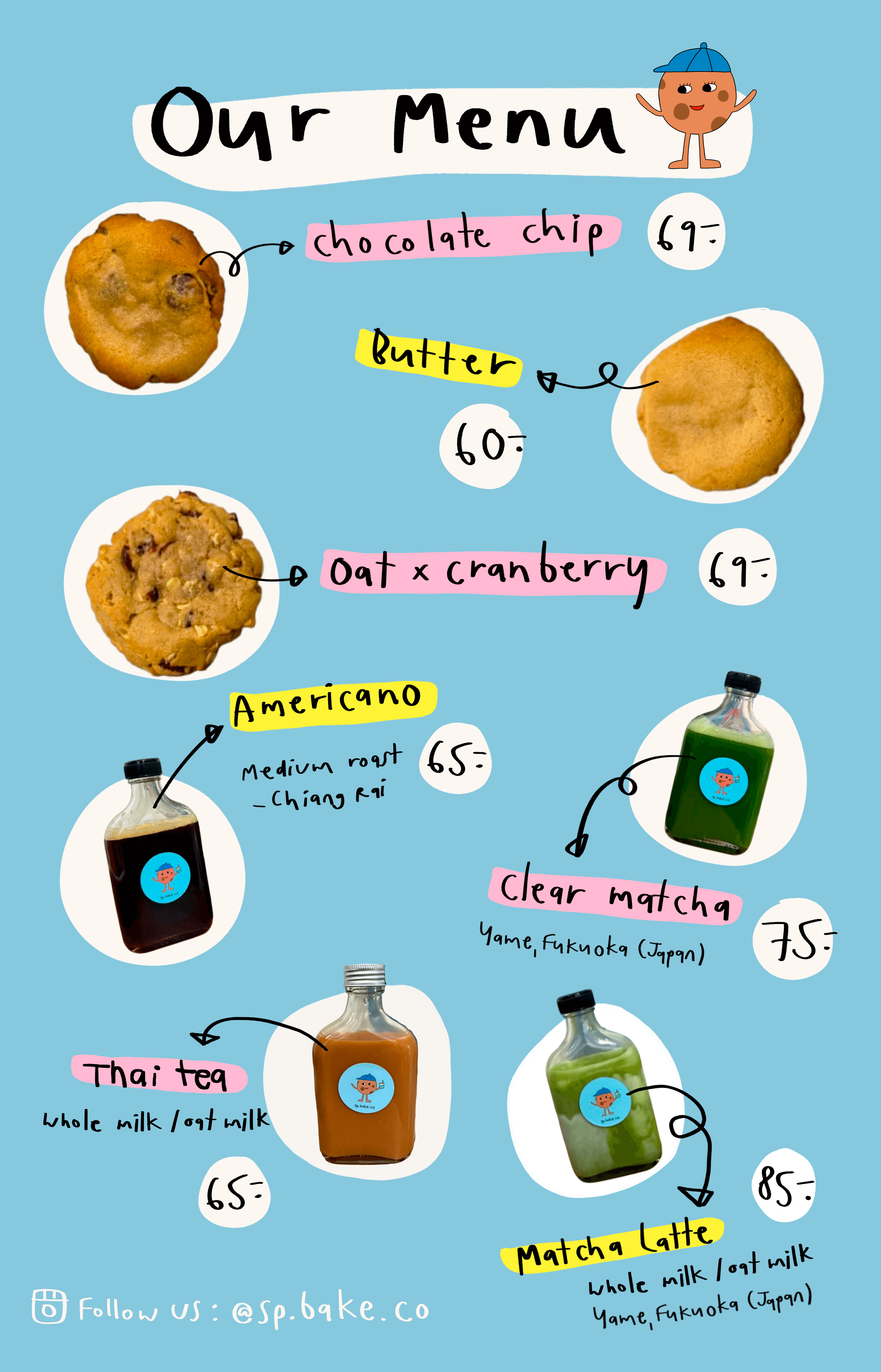 Our Menu - Chocolate chip cookies, butter cookies, oat cranberry cookies, americano coffee, and clear matcha